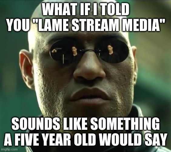 Morpheus  | WHAT IF I TOLD YOU "LAME STREAM MEDIA" SOUNDS LIKE SOMETHING A FIVE YEAR OLD WOULD SAY | image tagged in morpheus | made w/ Imgflip meme maker