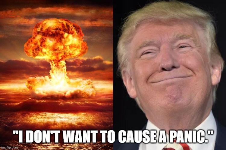 Mass Murderer in Chief | "I DON'T WANT TO CAUSE A PANIC." | image tagged in nuclear explosion,nuclear war,psychopath,murderer,liar,trump equals death | made w/ Imgflip meme maker