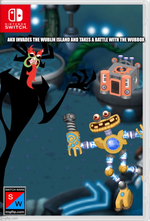 *Wublins look shocked* | AKU INVADES THE WUBLIN ISLAND AND TAKES A BATTLE WITH THE WUBBOX | image tagged in wubbox,aku,samurai jack,my singing monsters,switch wars | made w/ Imgflip meme maker