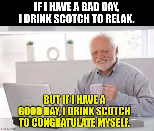 Scotch | IF I HAVE A BAD DAY, I DRINK SCOTCH TO RELAX. BUT IF I HAVE A GOOD DAY, I DRINK SCOTCH TO CONGRATULATE MYSELF. | image tagged in harold | made w/ Imgflip meme maker