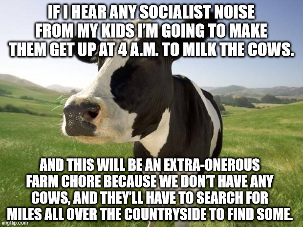 Don't talk to me about socialism or communism | IF I HEAR ANY SOCIALIST NOISE FROM MY KIDS I’M GOING TO MAKE THEM GET UP AT 4 A.M. TO MILK THE COWS. AND THIS WILL BE AN EXTRA-ONEROUS FARM CHORE BECAUSE WE DON’T HAVE ANY COWS, AND THEY’LL HAVE TO SEARCH FOR MILES ALL OVER THE COUNTRYSIDE TO FIND SOME. | image tagged in cow,communist socialist,democratic socialism,socialism,communism | made w/ Imgflip meme maker