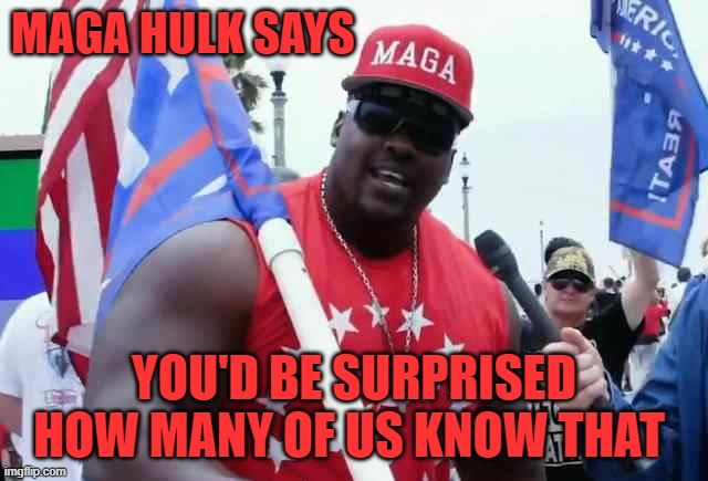 MAGA hulk says | MAGA HULK SAYS YOU'D BE SURPRISED HOW MANY OF US KNOW THAT | image tagged in maga hulk says | made w/ Imgflip meme maker