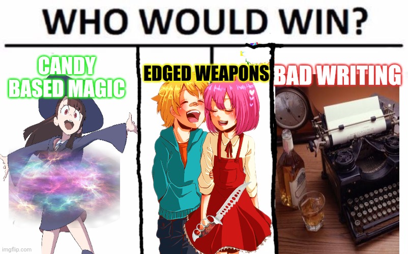 Who Would Win? Meme | CANDY BASED MAGIC EDGED WEAPONS BAD WRITING | image tagged in memes,who would win | made w/ Imgflip meme maker