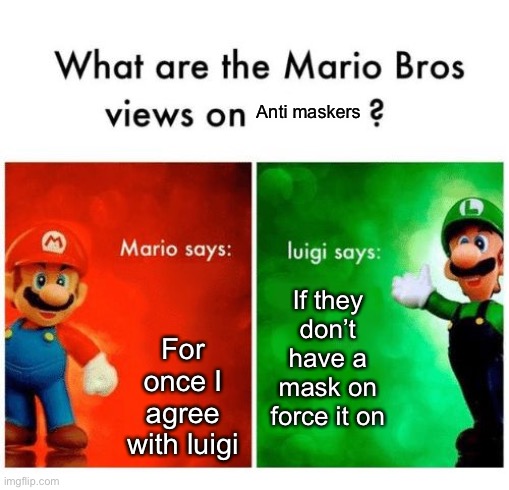 Mario vs luigi |  Anti maskers; For once I agree with luigi; If they don’t have a mask on force it on | image tagged in mario vs luigi | made w/ Imgflip meme maker