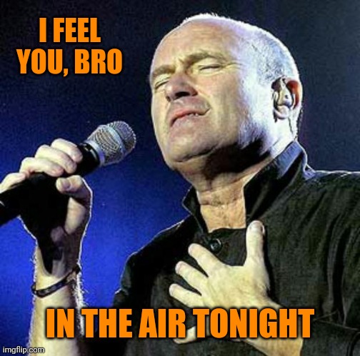 Phil Collins | I FEEL YOU, BRO IN THE AIR TONIGHT | image tagged in phil collins | made w/ Imgflip meme maker