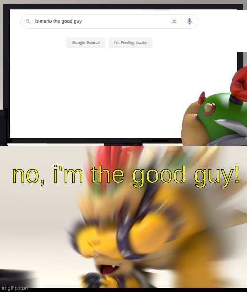 bowser thinks he's the good guy | no, i'm the good guy! | image tagged in bowser and bowser jr nsfw,mario,good guy,bad guy | made w/ Imgflip meme maker