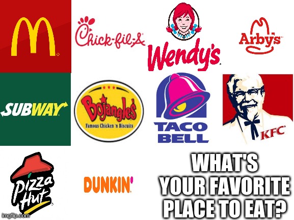 What's your favorite place to eat? | WHAT'S YOUR FAVORITE PLACE TO EAT? | image tagged in blank white template,memes,chick fil a,mcdonalds,wendy's,arby's | made w/ Imgflip meme maker