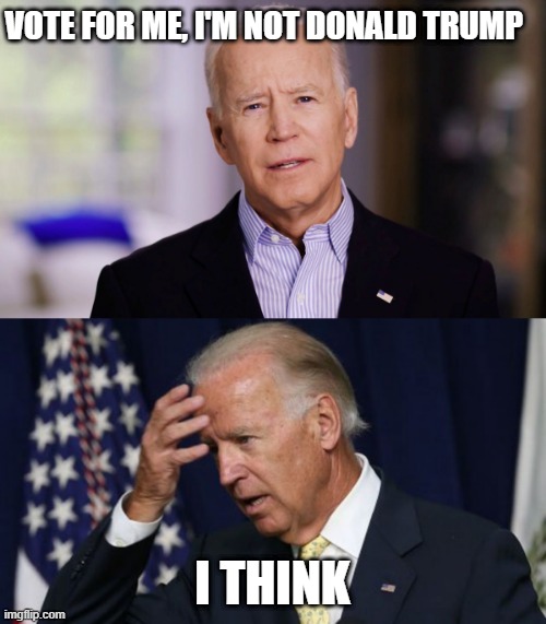 VOTE FOR ME, I'M NOT DONALD TRUMP I THINK | image tagged in joe biden worries,joe biden 2020 | made w/ Imgflip meme maker