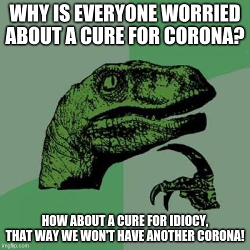 As soon as the liberal idiots get some since then maybe we'd be doing MUCH better! | WHY IS EVERYONE WORRIED ABOUT A CURE FOR CORONA? HOW ABOUT A CURE FOR IDIOCY, THAT WAY WE WON'T HAVE ANOTHER CORONA! | image tagged in memes,philosoraptor,covid-19,coronavirus,idiocy,stupid liberals | made w/ Imgflip meme maker