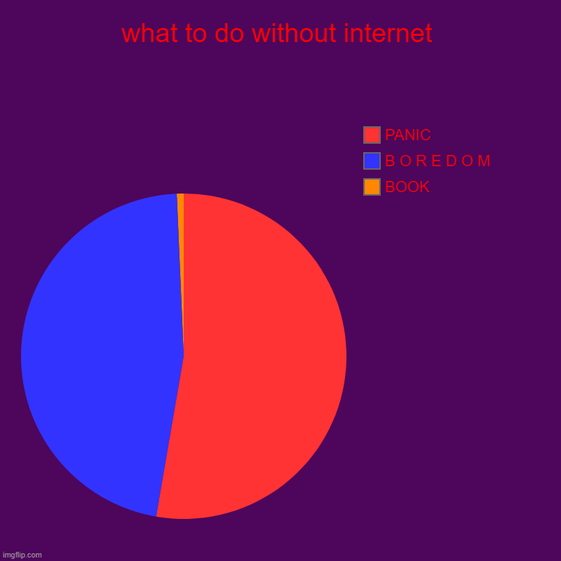 what to do without internet | BOOK, B O R E D O M, PANIC | image tagged in charts,pie charts | made w/ Imgflip chart maker