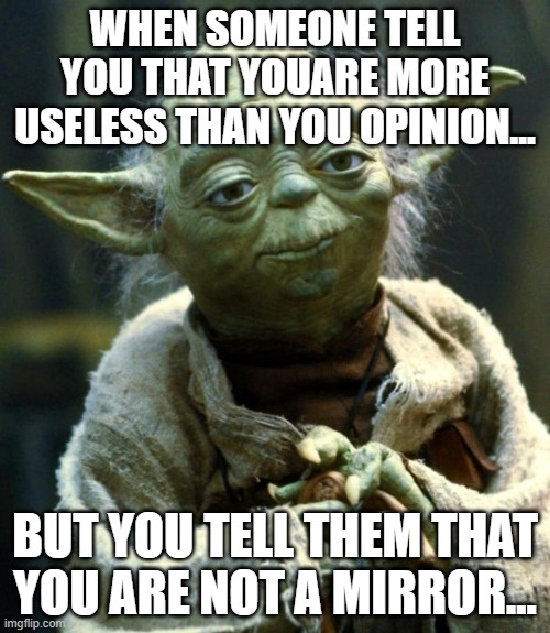 rosted | WHEN SOMEONE TELL YOU THAT YOUARE MORE USELESS THAN YOU OPINION... BUT YOU TELL THEM THAT YOU ARE NOT A MIRROR... | image tagged in memes,star wars yoda | made w/ Imgflip meme maker