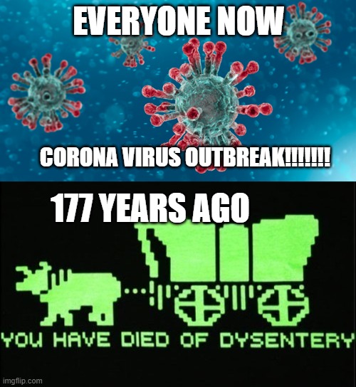 covid XD | EVERYONE NOW; CORONA VIRUS OUTBREAK!!!!!!! 177 YEARS AGO | image tagged in corona virus,oregon trail | made w/ Imgflip meme maker