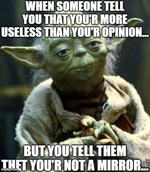 roested | WHEN SOMEONE TELL YOU THAT YOU'R MORE USELESS THAN YOU'R OPINION... BUT YOU TELL THEM THET YOU'R NOT A MIRROR... | image tagged in memes,star wars yoda | made w/ Imgflip meme maker