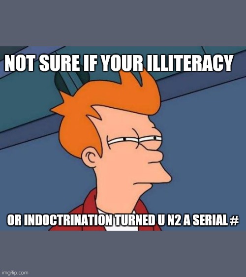 Futurama Fry Meme | NOT SURE IF YOUR ILLITERACY OR INDOCTRINATION TURNED U N2 A SERIAL # | image tagged in memes,futurama fry | made w/ Imgflip meme maker