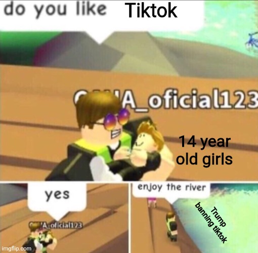 Enjoy The River | Tiktok; 14 year old girls; Trump banning tiktok | image tagged in enjoy the river,memes,funny,tiktok,banned,roblox | made w/ Imgflip meme maker