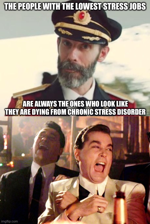 THE PEOPLE WITH THE LOWEST STRESS JOBS; ARE ALWAYS THE ONES WHO LOOK LIKE THEY ARE DYING FROM CHRONIC STRESS DISORDER | image tagged in captain obvious,memes,good fellas hilarious | made w/ Imgflip meme maker