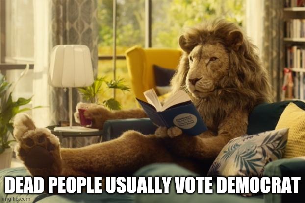 Lion relaxing | DEAD PEOPLE USUALLY VOTE DEMOCRAT | image tagged in lion relaxing | made w/ Imgflip meme maker