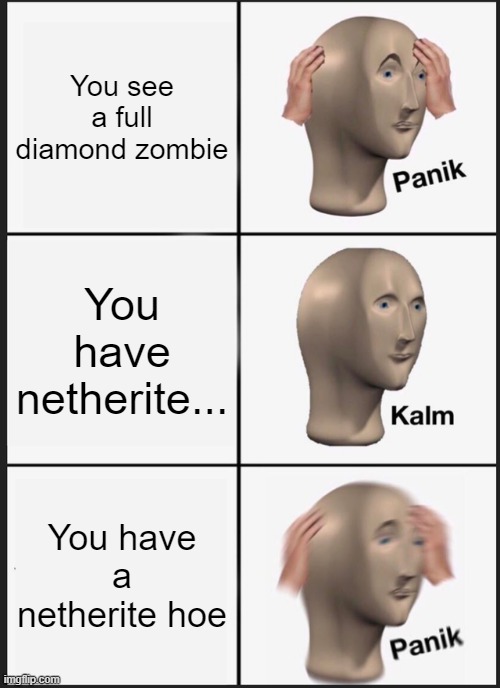 Only minecrafters know the pain | You see a full diamond zombie; You have netherite... You have a netherite hoe | image tagged in memes,panik kalm panik | made w/ Imgflip meme maker