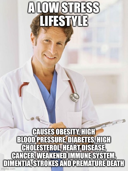Doctor | A LOW STRESS LIFESTYLE; CAUSES OBESITY, HIGH BLOOD PRESSURE, DIABETES, HIGH CHOLESTEROL, HEART DISEASE, CANCER, WEAKENED IMMUNE SYSTEM, DIMENTIA, STROKES AND PREMATURE DEATH | image tagged in doctor | made w/ Imgflip meme maker