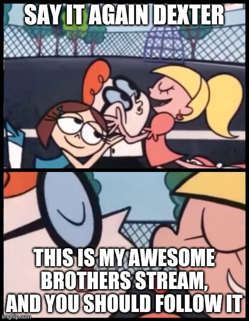 Please do | SAY IT AGAIN DEXTER; THIS IS MY AWESOME BROTHERS STREAM, AND YOU SHOULD FOLLOW IT | image tagged in memes,say it again dexter | made w/ Imgflip meme maker