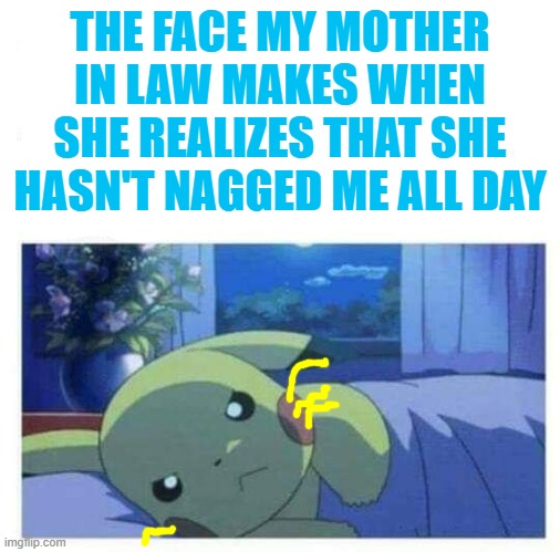 Angry Pikachu | THE FACE MY MOTHER IN LAW MAKES WHEN SHE REALIZES THAT SHE HASN'T NAGGED ME ALL DAY | image tagged in angry pikachu | made w/ Imgflip meme maker