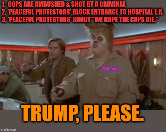 Space balls cheque please | 1.  COPS ARE AMBUSHED & SHOT BY A CRIMINAL
2. 'PEACEFUL PROTESTORS' BLOCK ENTRANCE TO HOSPITAL E.R.
3. 'PEACEFUL PROTESTORS' SHOUT "WE HOPE THE COPS DIE."; TRUMP 2020; TRUMP, PLEASE. | image tagged in space balls cheque please,msm lies,cnn fake news,liberal bias,hillary for prison,trump 2020 | made w/ Imgflip meme maker