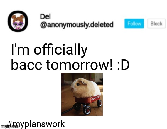 OH YOU EVIL IMGFLIP LOGO COVERING HASHTAGS | I'm officially bacc tomorrow! :D; #myplanswork | image tagged in del announcement | made w/ Imgflip meme maker