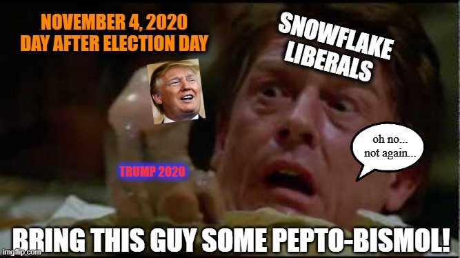 Spaceballs Alien Dancing | NOVEMBER 4, 2020
DAY AFTER ELECTION DAY; SNOWFLAKE LIBERALS; oh no...
not again... TRUMP 2020; BRING THIS GUY SOME PEPTO-BISMOL! | image tagged in trump 2020,snowflakes,wake up,sheeple,msm lies,triggered liberal | made w/ Imgflip meme maker