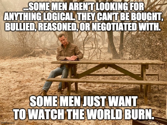 Newsom | ...SOME MEN AREN'T LOOKING FOR ANYTHING LOGICAL. THEY CAN'T BE BOUGHT, BULLIED, REASONED, OR NEGOTIATED WITH. SOME MEN JUST WANT TO WATCH THE WORLD BURN. | image tagged in fire | made w/ Imgflip meme maker