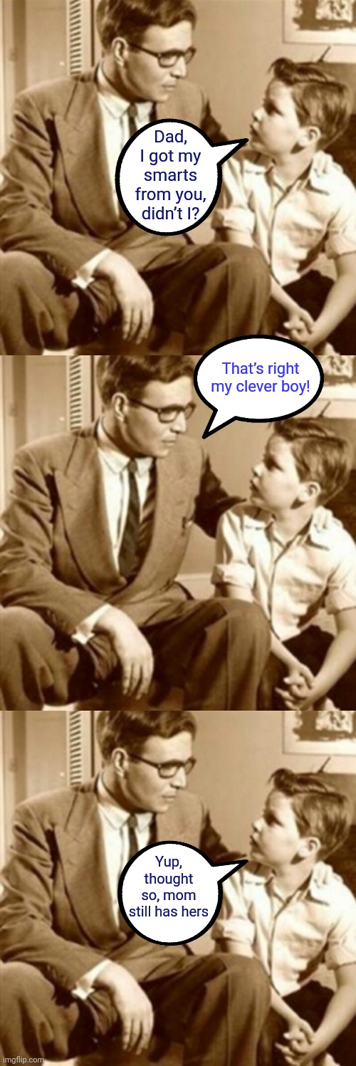Daddy's little boy | Dad, I got my smarts from you, didn’t I? That’s right my clever boy! Yup, thought so, mom still has hers | image tagged in father and son,memes,family | made w/ Imgflip meme maker