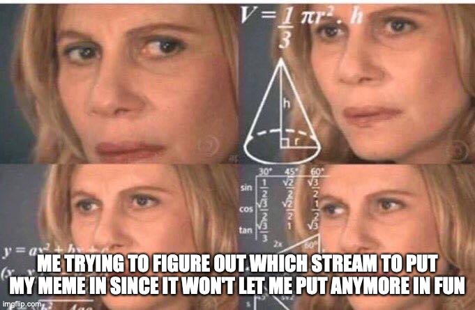 Math lady/Confused lady | ME TRYING TO FIGURE OUT WHICH STREAM TO PUT MY MEME IN SINCE IT WON'T LET ME PUT ANYMORE IN FUN | image tagged in math lady/confused lady | made w/ Imgflip meme maker