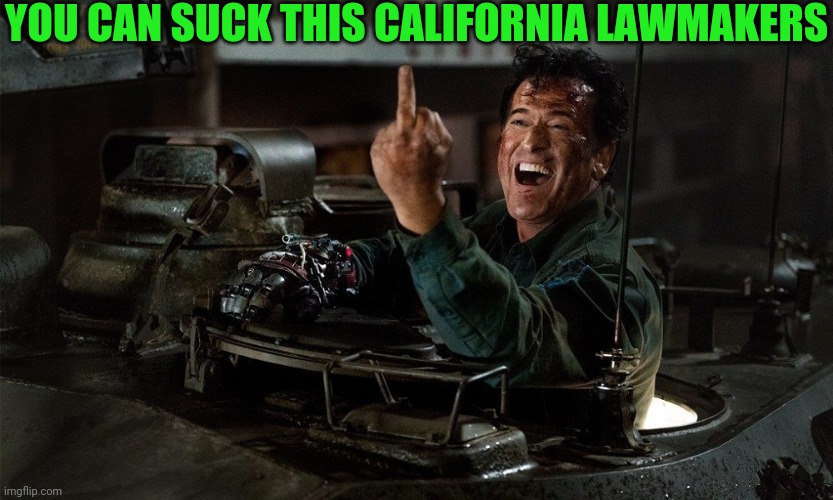 Ash Williams vs Evil Dead | YOU CAN SUCK THIS CALIFORNIA LAWMAKERS | image tagged in ash williams vs evil dead | made w/ Imgflip meme maker