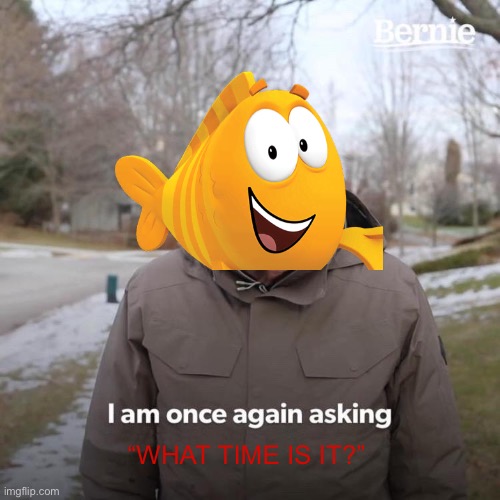 “WHAT TIME IS IT???” | “WHAT TIME IS IT?” | image tagged in memes,bernie i am once again asking for your support,childhood,shows,fish | made w/ Imgflip meme maker
