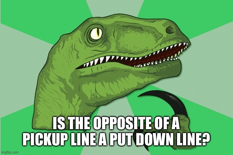 new philosoraptor | IS THE OPPOSITE OF A PICKUP LINE A PUT DOWN LINE? | image tagged in new philosoraptor | made w/ Imgflip meme maker