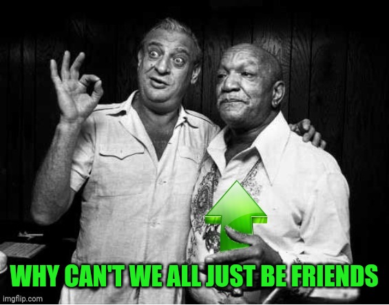 Redd Foxx And Rodney Dangerfield Upvote | WHY CAN'T WE ALL JUST BE FRIENDS | image tagged in redd foxx and rodney dangerfield upvote | made w/ Imgflip meme maker