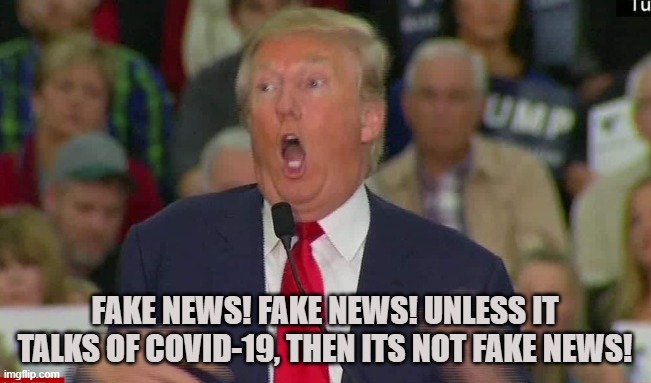 FAKE NEWS | FAKE NEWS! FAKE NEWS! UNLESS IT TALKS OF COVID-19, THEN ITS NOT FAKE NEWS! | image tagged in coronavirus,covid-19,virus,mask,social distancing,fake news | made w/ Imgflip meme maker