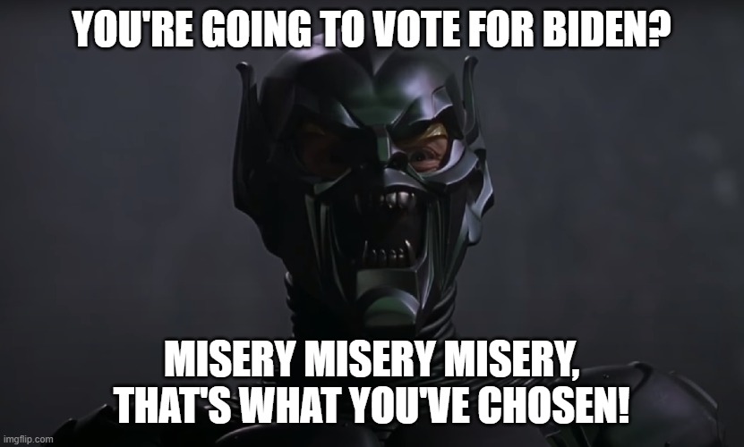 Either way it goes... | YOU'RE GOING TO VOTE FOR BIDEN? MISERY MISERY MISERY, THAT'S WHAT YOU'VE CHOSEN! | image tagged in misery is what you've chosen | made w/ Imgflip meme maker