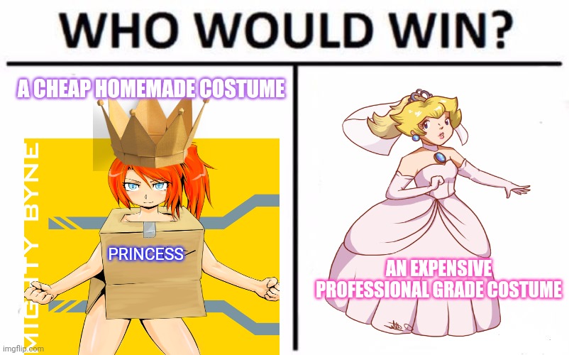 Halloween faceoff | A CHEAP HOMEMADE COSTUME; AN EXPENSIVE PROFESSIONAL GRADE COSTUME; PRINCESS | image tagged in memes,who would win,halloween,princess peach,homemade | made w/ Imgflip meme maker