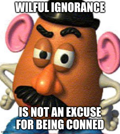Mr Eggplant Head | WILFUL IGNORANCE IS NOT AN EXCUSE FOR BEING CONNED | image tagged in mr eggplant head | made w/ Imgflip meme maker