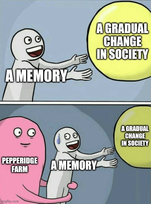 pepperidge farm remembers | A GRADUAL CHANGE IN SOCIETY; A MEMORY; A GRADUAL CHANGE IN SOCIETY; PEPPERIDGE FARM; A MEMORY | image tagged in memes,running away balloon | made w/ Imgflip meme maker