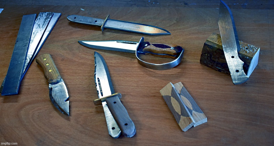 projects on my workbench | image tagged in knifes,workbench,kewlew | made w/ Imgflip meme maker