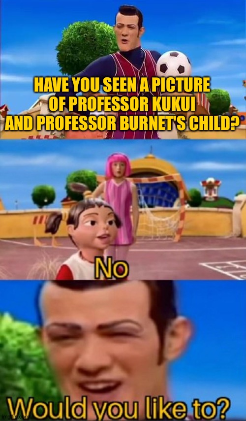 Would you like to? | HAVE YOU SEEN A PICTURE OF PROFESSOR KUKUI AND PROFESSOR BURNET'S CHILD? | image tagged in would you like to | made w/ Imgflip meme maker