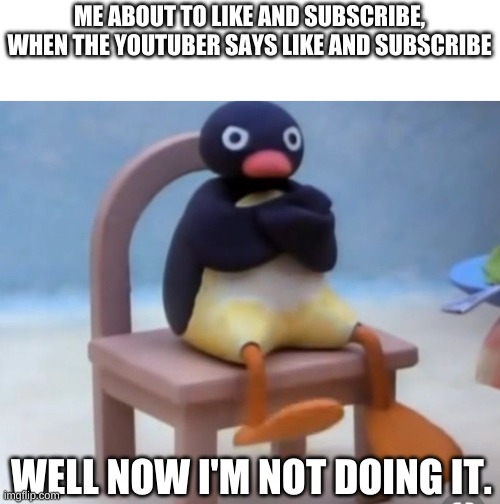 Angry pingu | ME ABOUT TO LIKE AND SUBSCRIBE, WHEN THE YOUTUBER SAYS LIKE AND SUBSCRIBE; WELL NOW I'M NOT DOING IT. | image tagged in angry pingu | made w/ Imgflip meme maker