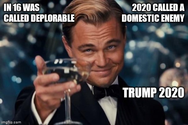 Trump 2020 | DOMESTIC ENEMY; TRUMP 2020 | image tagged in leonardo dicaprio cheers | made w/ Imgflip meme maker