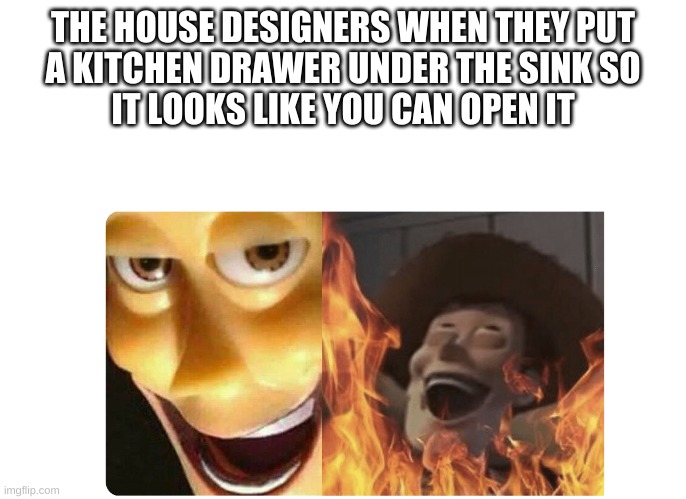 Satanic Woody | THE HOUSE DESIGNERS WHEN THEY PUT
A KITCHEN DRAWER UNDER THE SINK SO
IT LOOKS LIKE YOU CAN OPEN IT | image tagged in satanic woody | made w/ Imgflip meme maker