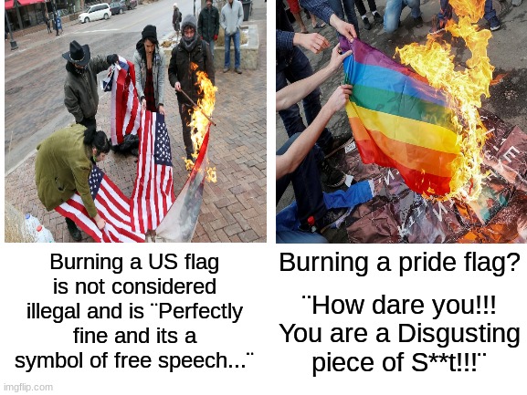 Logic | Burning a pride flag? Burning a US flag is not considered illegal and is ¨Perfectly fine and its a symbol of free speech...¨; ¨How dare you!!! You are a Disgusting piece of S**t!!!¨ | image tagged in liberal logic,gay pride,american flag | made w/ Imgflip meme maker
