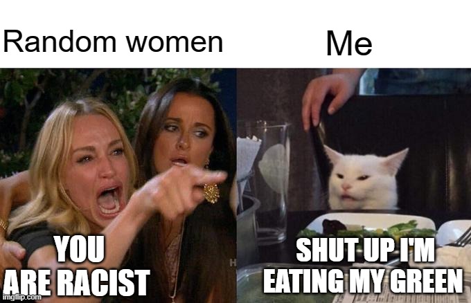 Woman Yelling At Cat Meme | Random women; Me; YOU ARE RACIST; SHUT UP I'M EATING MY GREEN | image tagged in memes,woman yelling at cat | made w/ Imgflip meme maker