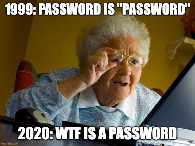 grandma logic | 1999: PASSWORD IS "PASSWORD"; 2020: WTF IS A PASSWORD | image tagged in memes,grandma finds the internet,time | made w/ Imgflip meme maker
