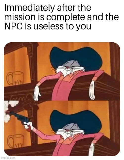 imediately after the mission is done and it let your npc partner killable | image tagged in gotanypain | made w/ Imgflip meme maker