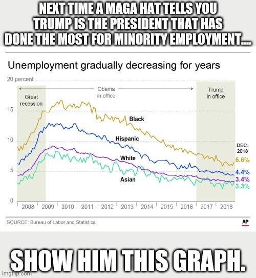 Trump not so good with  minorities | NEXT TIME A MAGA HAT TELLS YOU TRUMP IS THE PRESIDENT THAT HAS DONE THE MOST FOR MINORITY EMPLOYMENT.... SHOW HIM THIS GRAPH. | image tagged in election 2020,donald trump,joe biden,obama,unemployment,maga | made w/ Imgflip meme maker